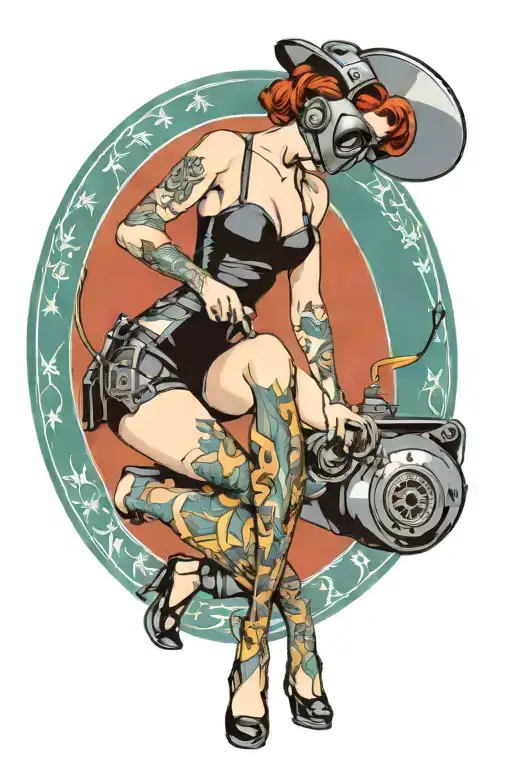 sexy female body donning welding  mask and lingerie, big, round ass,  over on her knees using torch, she's very fit.   tattoo design idea