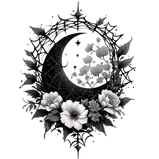 vines wrapping , spider webs , flowers , stars and moon tattoo design idea