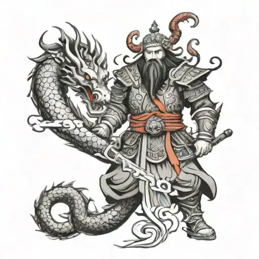 guan yu with dragon, both of them with red and fierce eyes tattoo design idea
