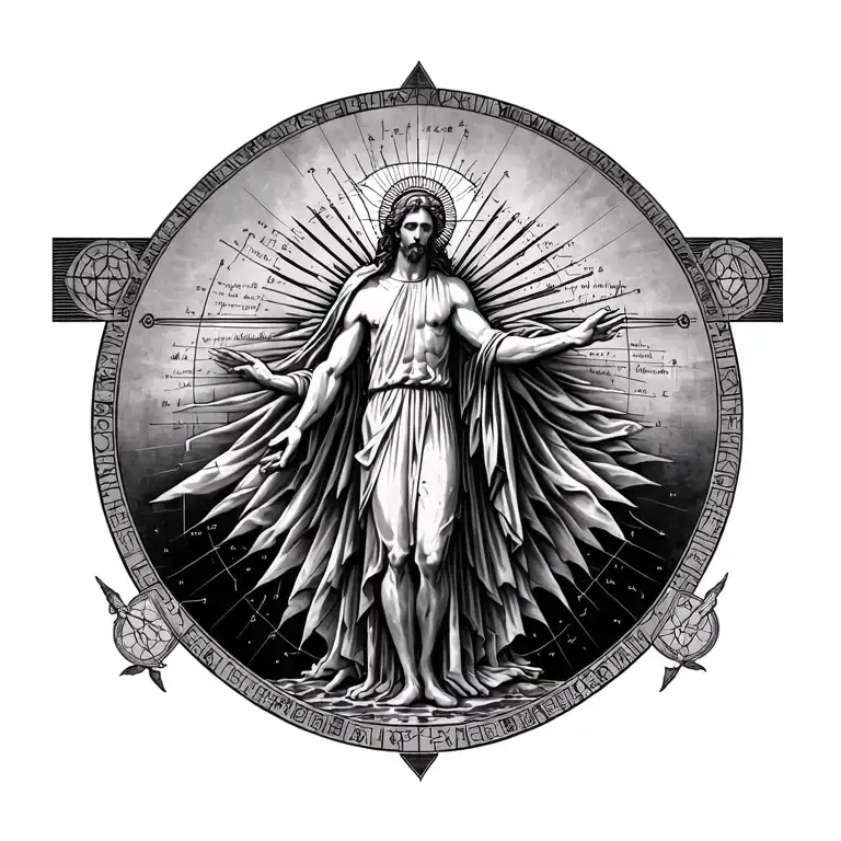 Symbolic elements like rays, halo, geometric diagrams, Vitruvian-style figure.Quotes + scriptures placed across the back tattoo design idea