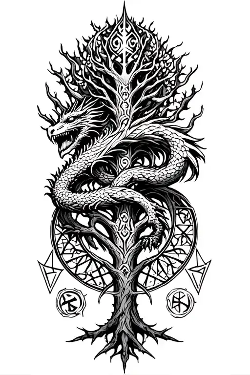 nordic tree of life with a nordic dragon wrapped around and runes surrounding it tattoo design idea