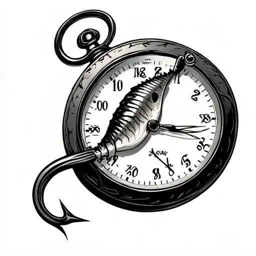fishing hook, time piece, travel tattoo design idea