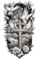 Clouds and White stars and doves and  a rose and a Catholic Cross tattoo design idea