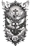 Clouds and White stars and doves and  a rose and a Catholic Cross tattoo design idea
