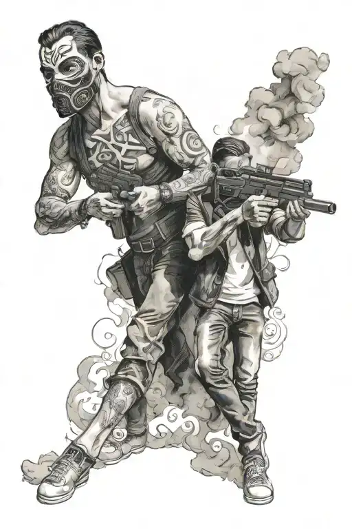 man with a mask, a gun in his hand that releases smoke that says L'Usaga, he has his mother by his side tattoo design idea
