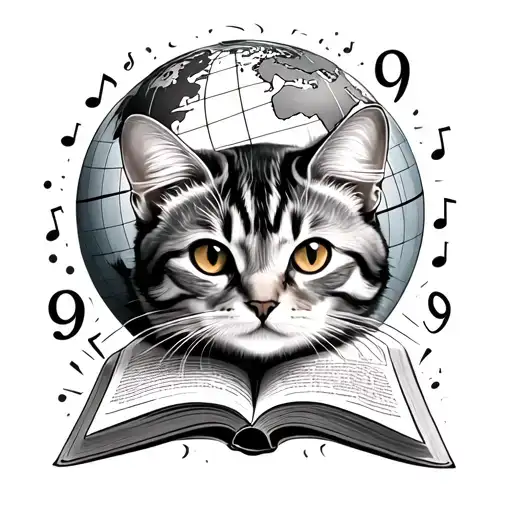 a tabby cat, a globe, music notes, an open book and the number 9. tattoo design idea