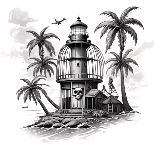lighthouse palm trees and pirate skeleton in caged tattoo design idea