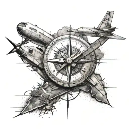 modern aircraft in major part and small compass with a little piece of nature  tattoo design idea