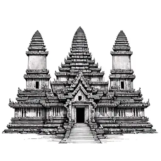 Ankgor Wat, front view, three towers. Middle tower is the biggest with the other two being smaller. Khmer style & decor tattoo design idea