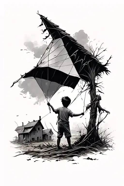 slum with boy releasing kite tattoo design idea