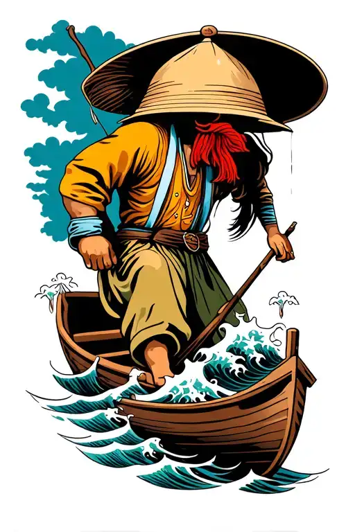 vietnamese fisherman in boat, cover face, black ink, patchwork style, no background, small waves in front tattoo design idea