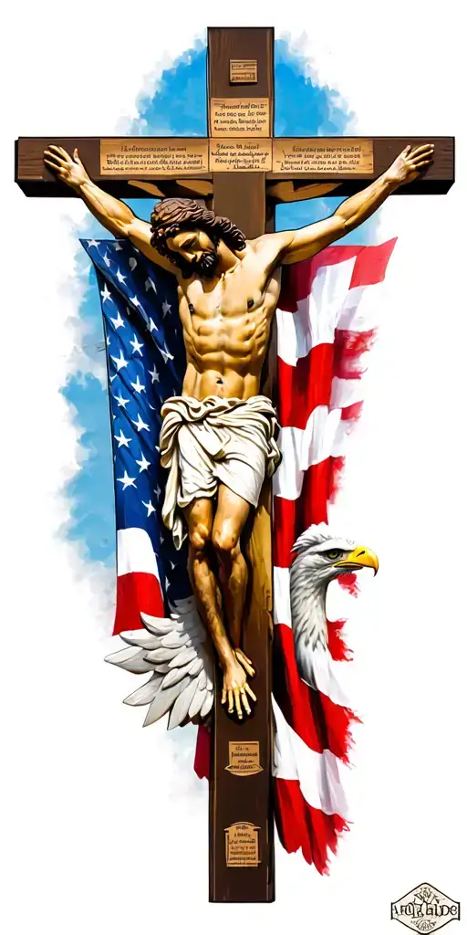 American flag sleeve featuring Jesus on cross, 10 commandments and American eagle tattoo design idea