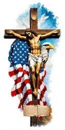 American flag sleeve featuring Jesus on cross, 10 commandments and American eagle tattoo design idea