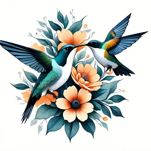 A geometric design featuring hummingbirds and stylized flowers intertwined tattoo design idea