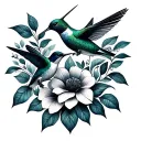 A geometric design featuring hummingbirds and stylized flowers intertwined tattoo design idea