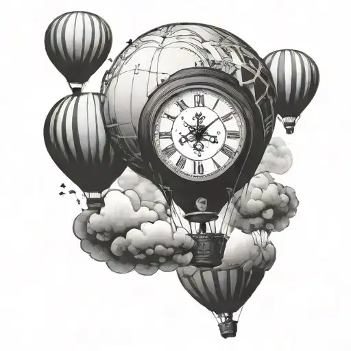 hot air balloon morphing in to a clock reading "10:19" floating out into the universe with orthodox Christian symbols tattoo design idea
