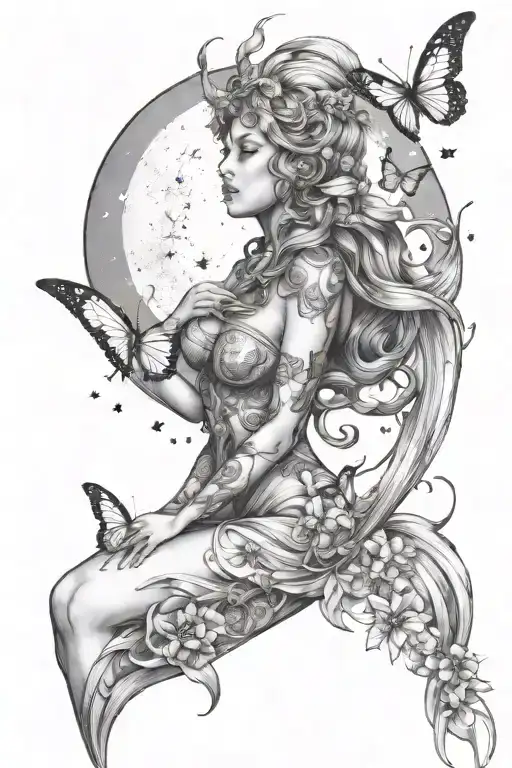 Pisces goddess holding moon surrounded by butterflies, stars tattoo design idea