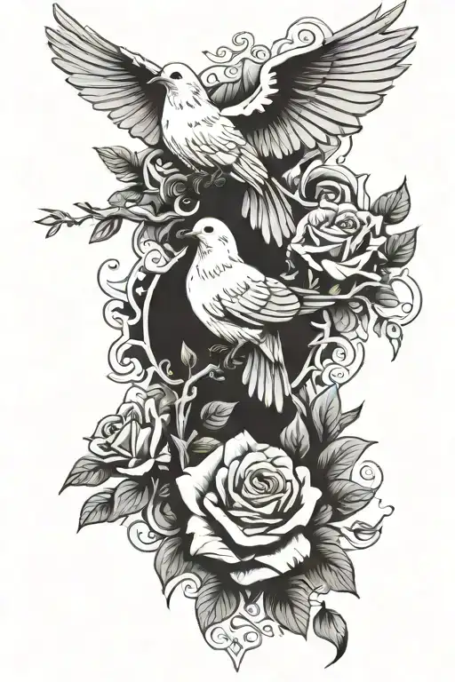 dove clouds roses intertwined tattoo design idea