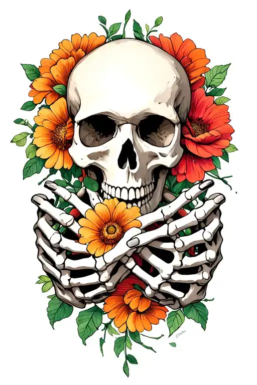 Skull with flower and thorned vines shadows all leadings to human and skeleton hands holding each other/intertwined tattoo design idea
