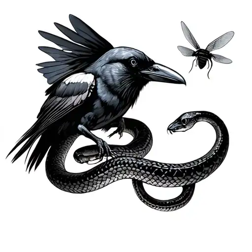 crow flies eating a snake tattoo design idea