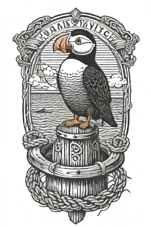male puffin perched on round wood dock pilings with rope wrapped. An old scandinavian viking ship at sea background tattoo design idea