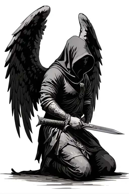 Guardian angel kneeling holding a sword facing forward. Angel has their head bowed wearing a hood  tattoo design idea