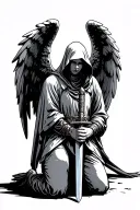 Guardian angel kneeling holding a sword facing forward. Angel has their head bowed wearing a hood  tattoo design idea