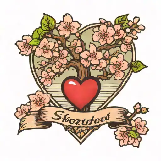 cherry blossom tree with leaves falling, and a giant heart that says sweetheart inside of it tattoo design idea