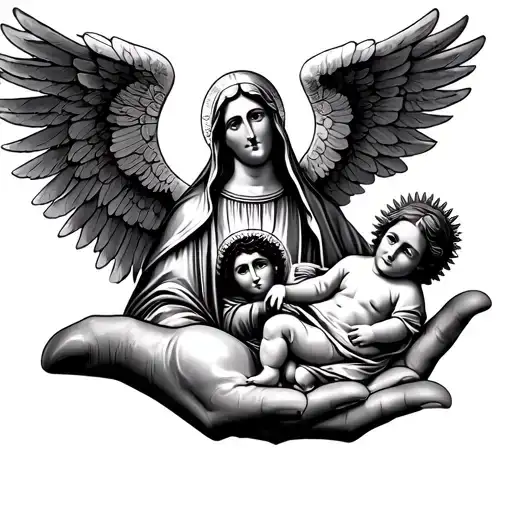 catholic tattoo Michael the archangel and virgen de Guadalupe with eye on hand and baby jesus  tattoo design idea