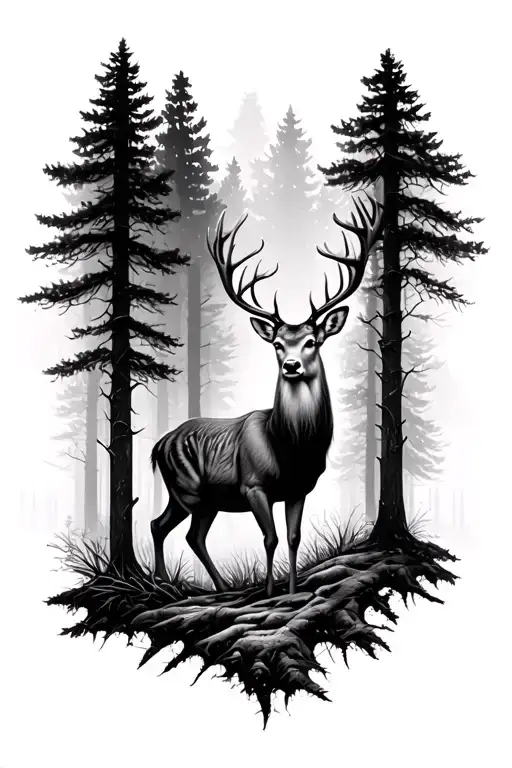 realistic forest with deer walking out  tattoo design idea
