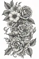 birth flowers connecting birth years with vines, January 76, May 80 October 02 March 19, October 24 tattoo design idea