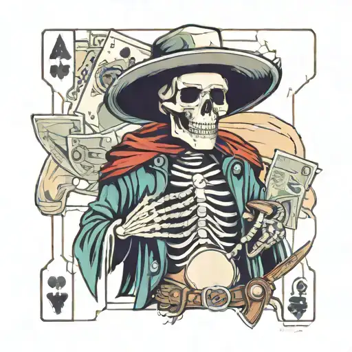 skeleton cowboy with hat and pancho in an abandoned town with poker cards western themed tattoo design idea