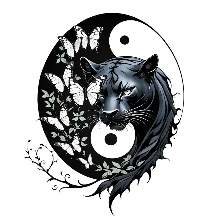 black panther yin and butterflies yang symbol tattoo design idea
