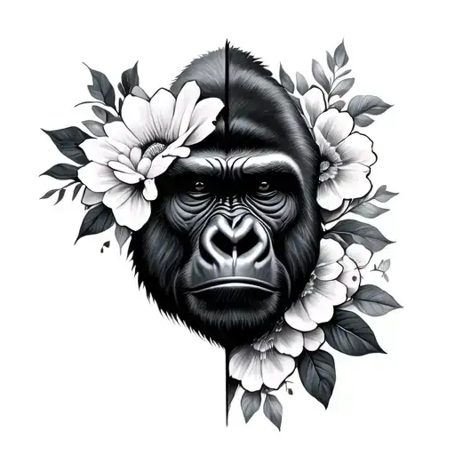 half gorilla face half flowers tattoo design idea