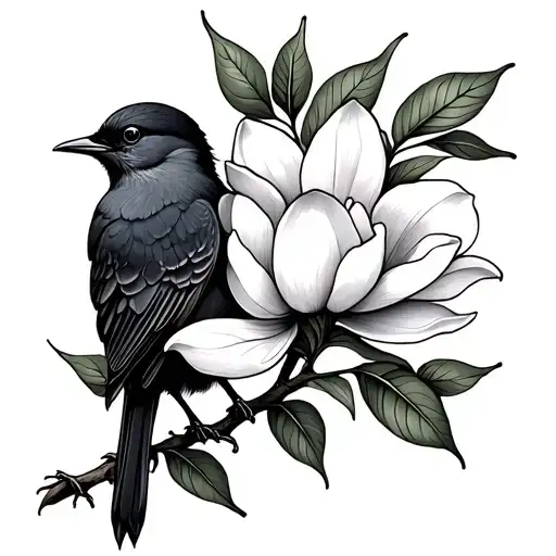 bird, magnolia flower, evergreen leaf tattoo design idea