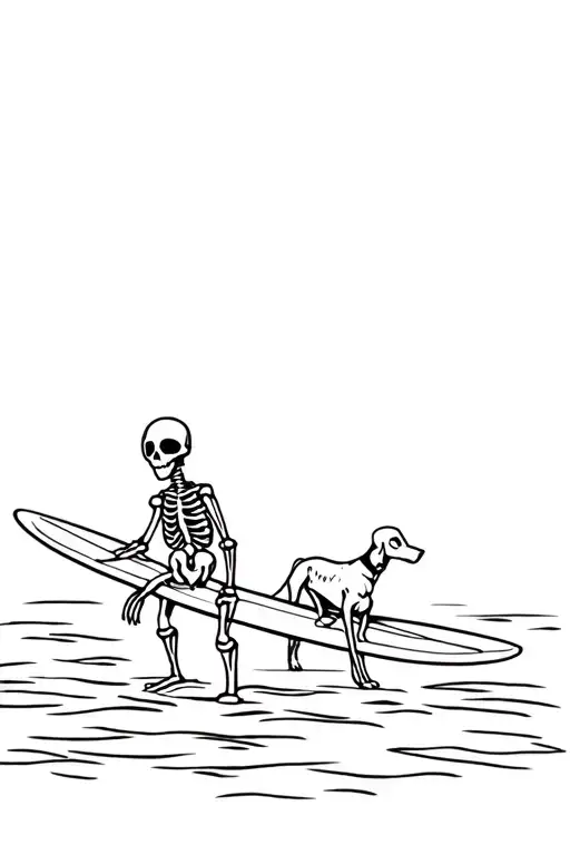 skeleton and his pet dog surfing tattoo design idea