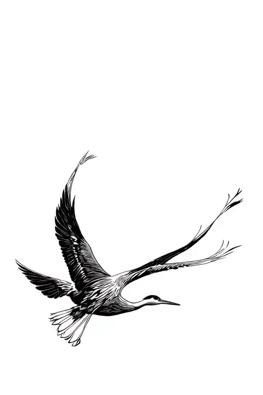 A sketch for a tattoo of elegant flying herons with black lines on a white background with thin lines without shadows, only a contour. Shadows are not over tattoo design idea