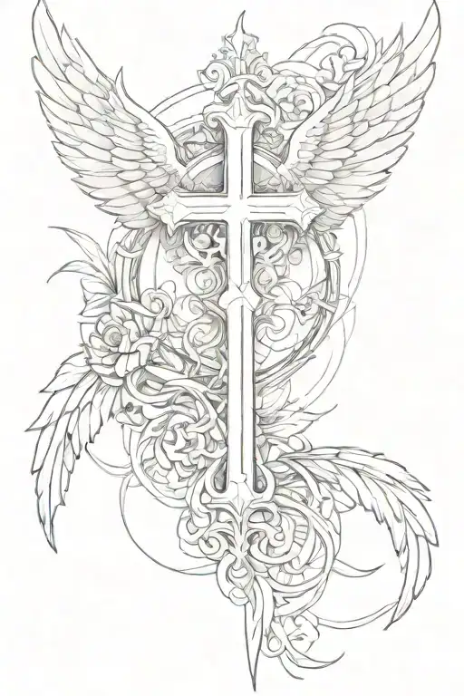 cross and wings holding tattoo design idea