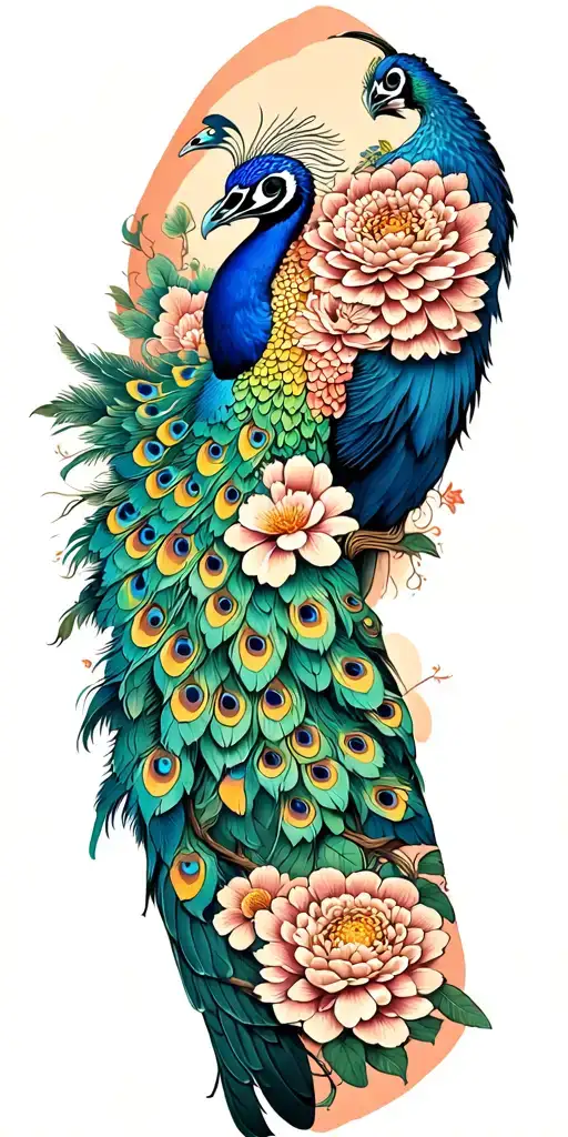 male peacock and chrysanthemum flowers japanese style around the arm tattoo design idea