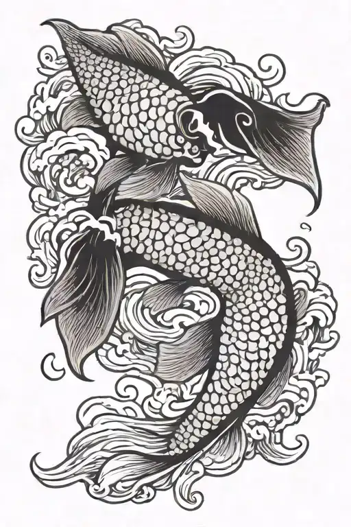 two carps ying yang with filler waves flowing tattoo design idea