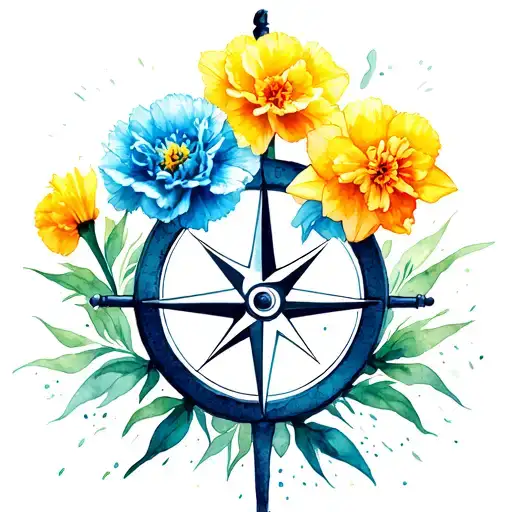 carnation 3 aster daffodil flowers with a compass that looks like a wagon wheel tattoo design idea