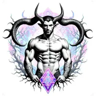 Gay male horned satyr with massive bodybuilder muscles. Background of natural tree roots, vines and patterns tattoo design idea