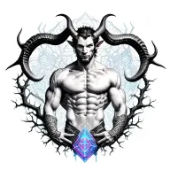 Gay male horned satyr with massive bodybuilder muscles. Background of natural tree roots, vines and patterns tattoo design idea