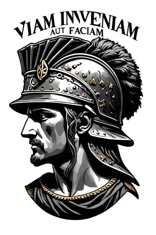 Realistic Roman soldier head with the phrase "Viam inveniam aut faciam" above tattoo design idea