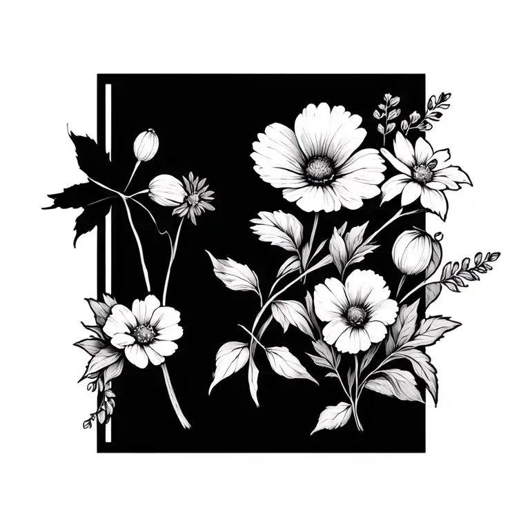 fine line cross with September, October, and august birth flowers dainty tattoo design idea