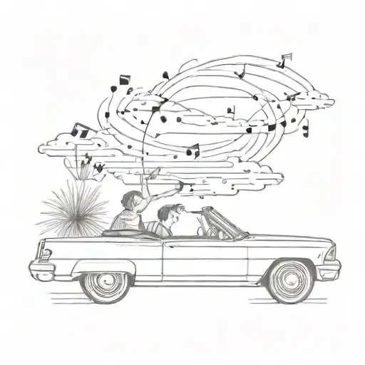 A sketch-style tattoo of a student driving a convertible car, with music notes floating around them, capturing the client's interests in driving and music tattoo design idea