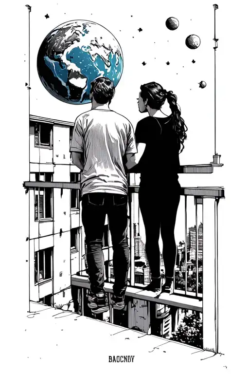 Two people looking over the railing of a regular apartment baclony at planet earth from space. tattoo design idea
