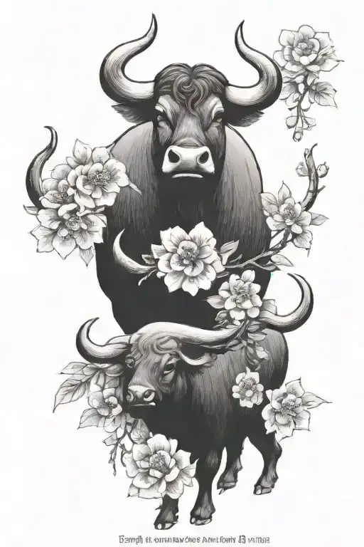 Chinese iron ox to symbolise my daughters birth. incorporate a Japanese flowers and blooming trees tattoo design idea
