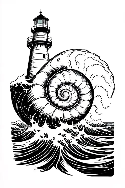 giant nautilus attacking a lighthouse big waves tattoo design idea