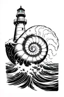 giant nautilus attacking a lighthouse big waves tattoo design idea